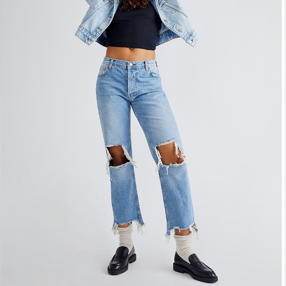 FREE PEOPLE Maggie Mid-Rise Straight-Leg Distressed Jeans 100% Cotton NWT - 💫 - Picture 7 of 16